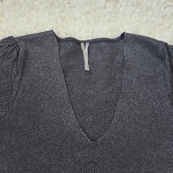 Anthropologie Sz L Metallic V-Neck Twofer Sweater Black Woven Sleeve Chic Night - Picture 5 of 15